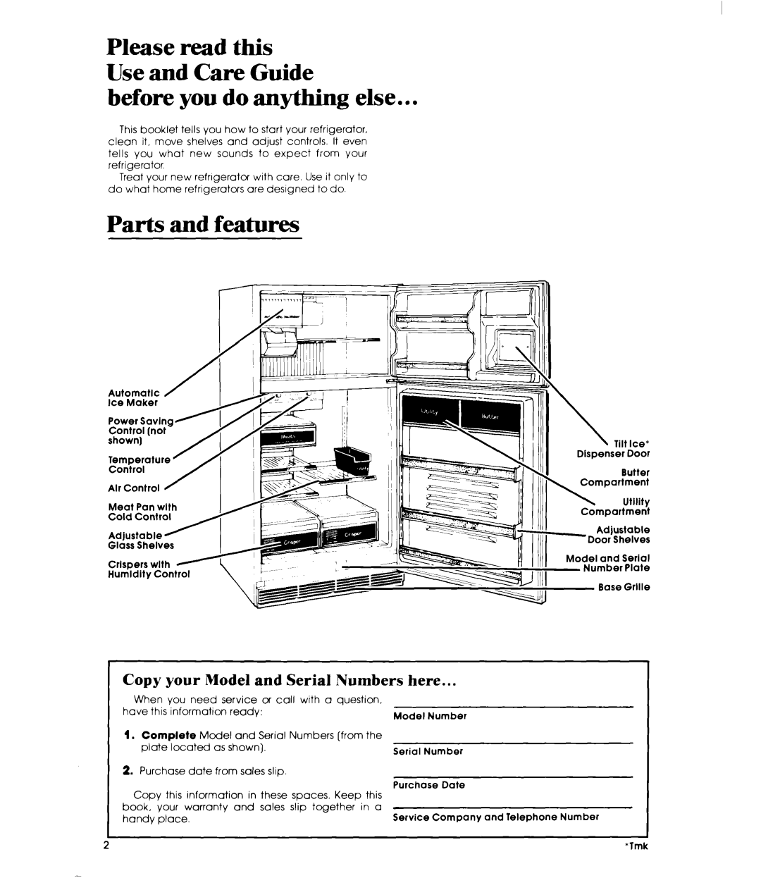 Whirlpool ET22MT manual Before you do anything else, Parts and features, Copy your Model and Serial Numbers here 