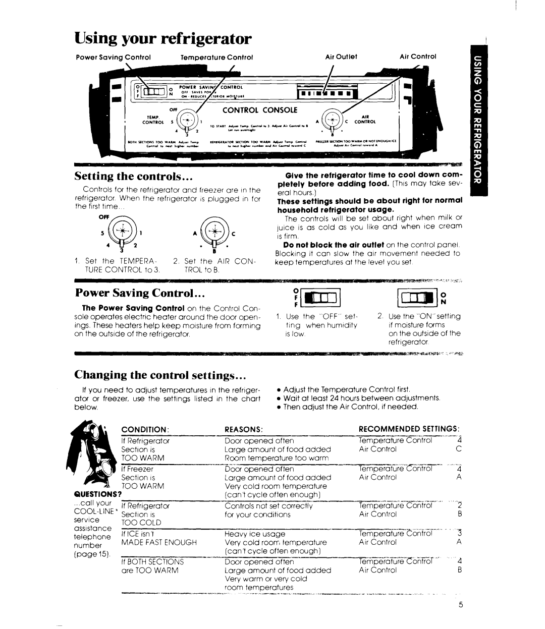 Whirlpool ET22MT manual Using your refrigerator, Setting the controls, Power Saving Control, Changing the control settings 