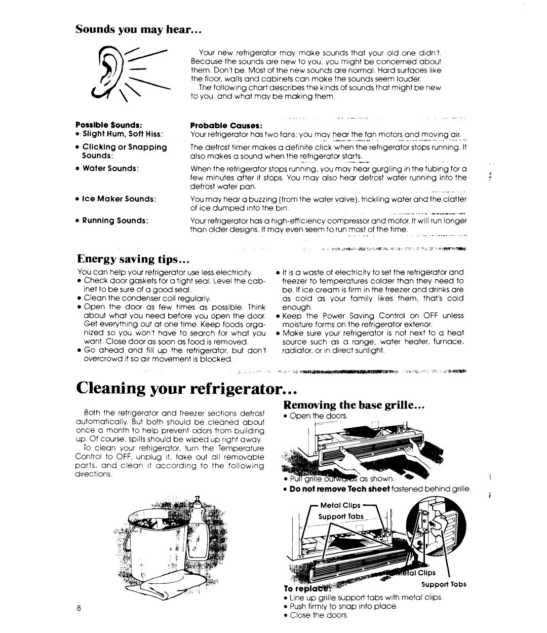 Whirlpool ET22MT manual Sounds you may hear, Energy saving tips, Removing the base grille 