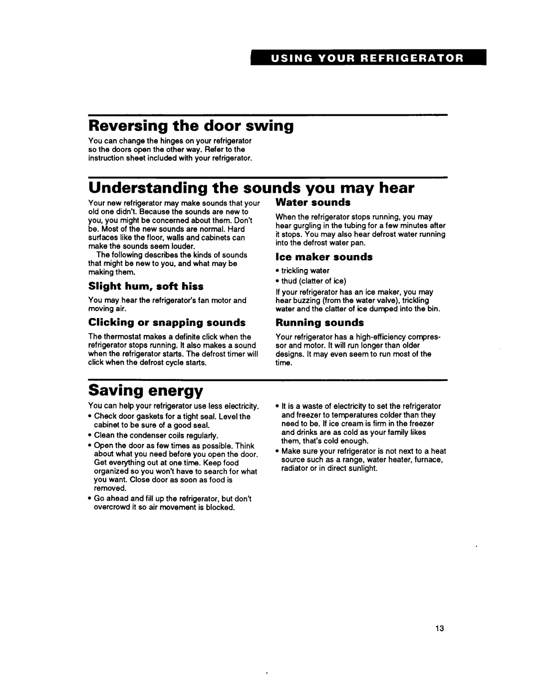 Whirlpool ET20PK, ET22PK, ET18PK manual Reversing the door swing, Understanding the sounds you may hear, Saving energy 