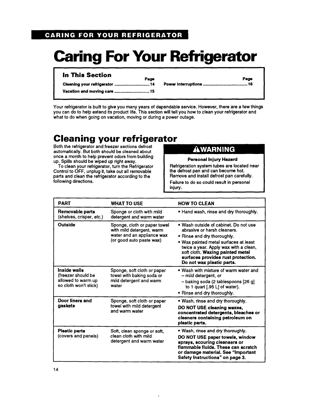 Whirlpool ET18PK, ET22PK, ET20PK manual Caring For Your Refrigerator, Cleaning your refrigerator, This Section Pa*Paw 