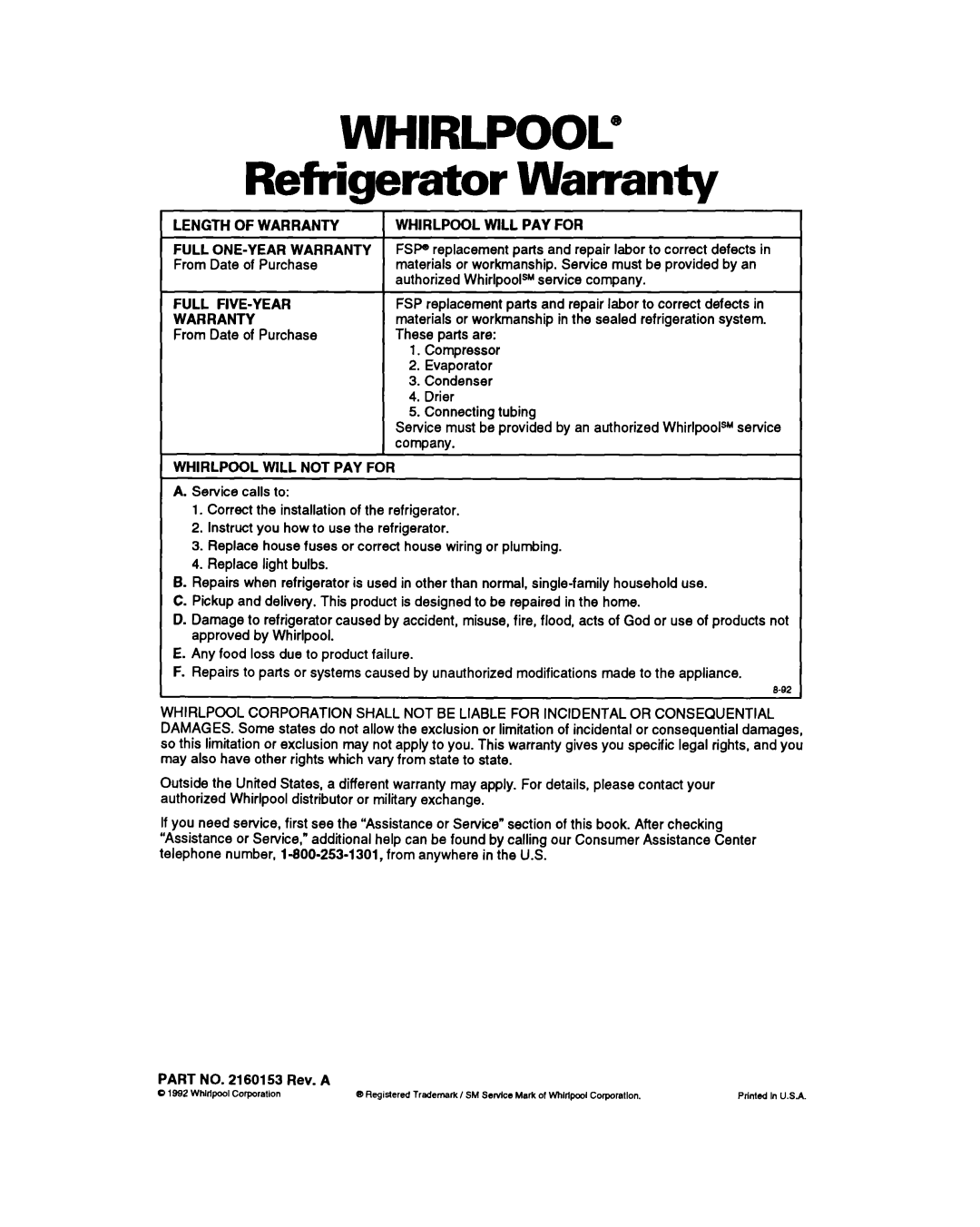 Whirlpool ET18PK, ET22PK, ET20PK manual Refrigerator Warranty, Length of Warranty Whirlpool will PAY for, Full FIVE-YEAR FSP 