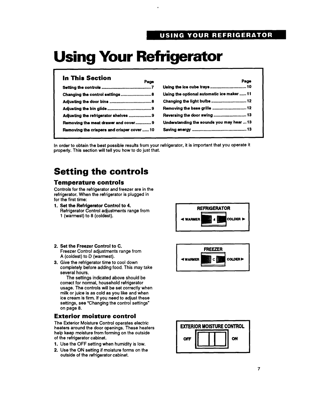 Whirlpool ET20PK, ET22PK Using Your Refrigerator, Setting the controls, Temperature controls, Exterior moisture control 