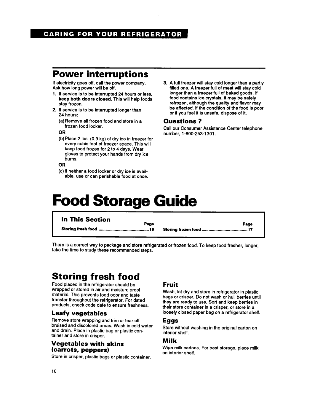 Whirlpool ET20PK Food Storage Guide, Power interruptions, Storing fresh food, Questions, In This Section Pa*Page, Fruit 