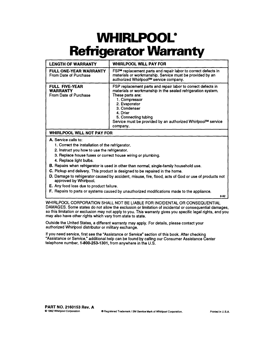 Whirlpool ET18PK, ET22PK, ET20PK manual WHIRLPOOL” Refrigerator Warranty 