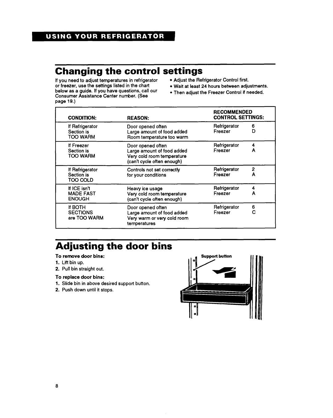 Whirlpool ET18PK, ET22PK, ET20PK manual Changing the control, settings, Adjusting the door bins 