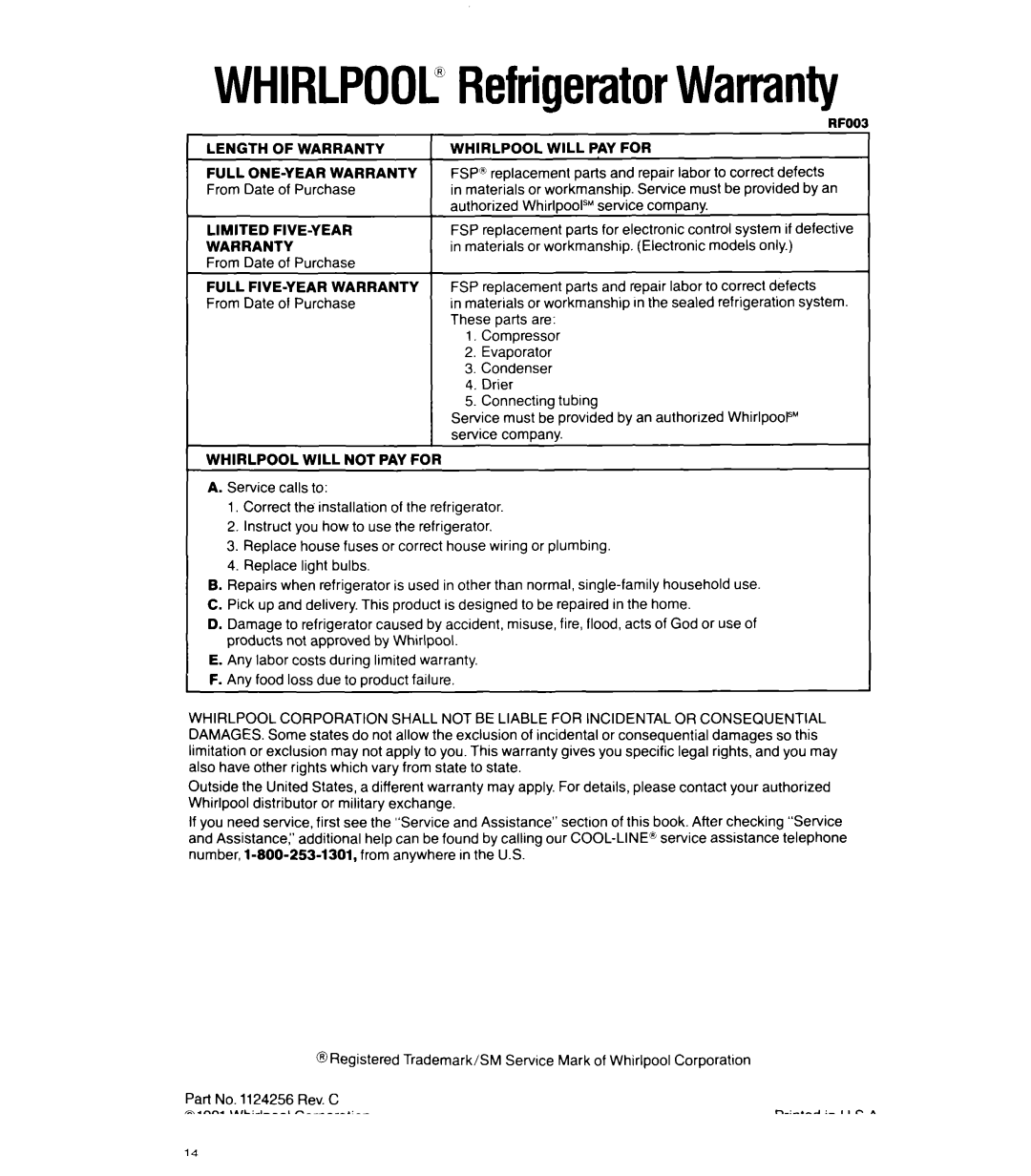 Whirlpool ET20RK, ET22RK, ET22RM, ET22DM Lengthofwarranty, Will PAY for, Full ONE-YEAR Warranty, Limited FIVE-YEAR Warranty 