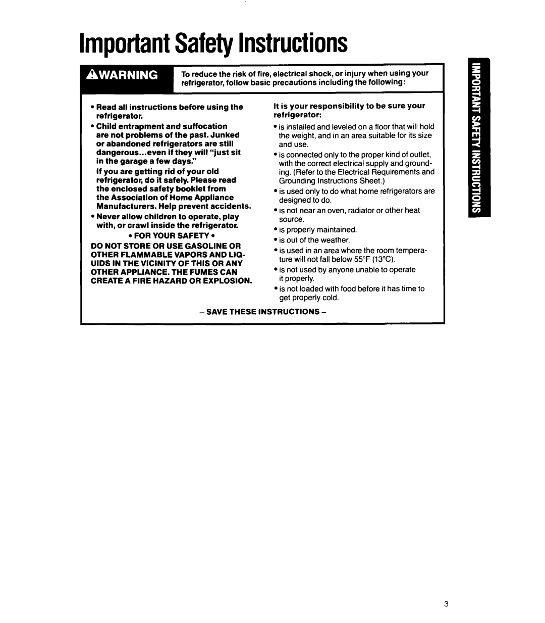 Whirlpool ET20DK, ET22RK, ET22RM, ET22DM, ET20RK, ET22DK manual ImportantSafetyInstructions 