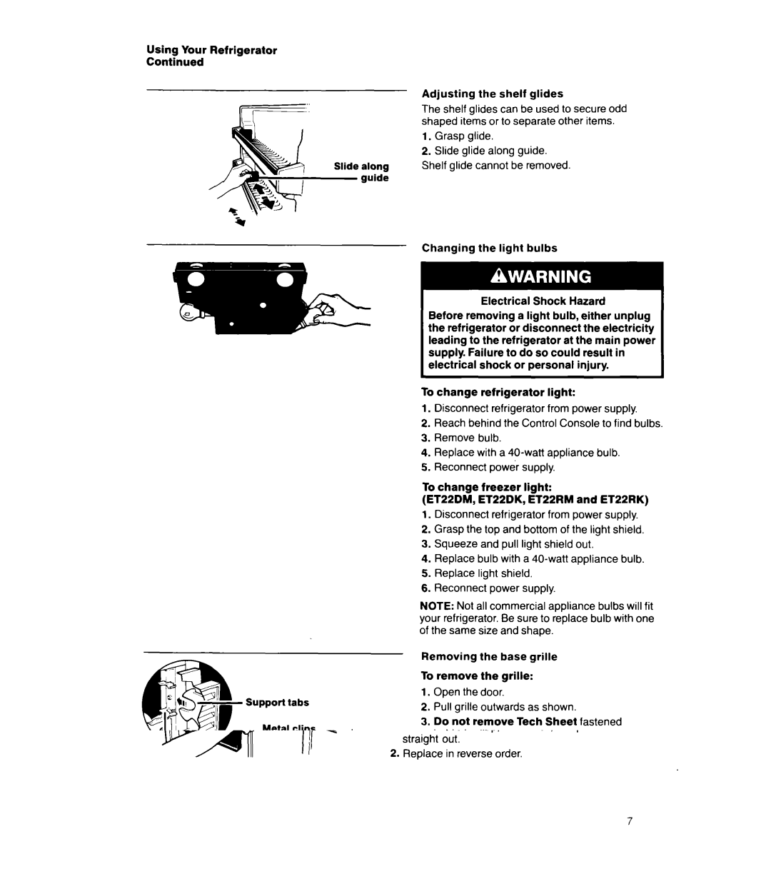 Whirlpool ET22DM, ET22RK, ET22RM, ET20DK, ET20RK, ET22DK manual Adjusting the shelf glides, Grasp glide 