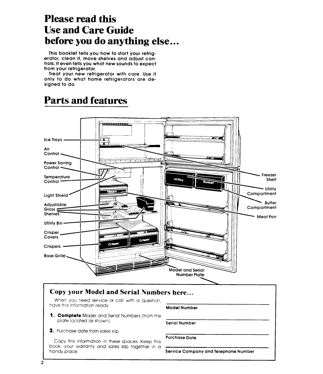 Whirlpool ET22ZK manual Before you do anything else, Parts and features, Copy your Model and Serial Numbers here 