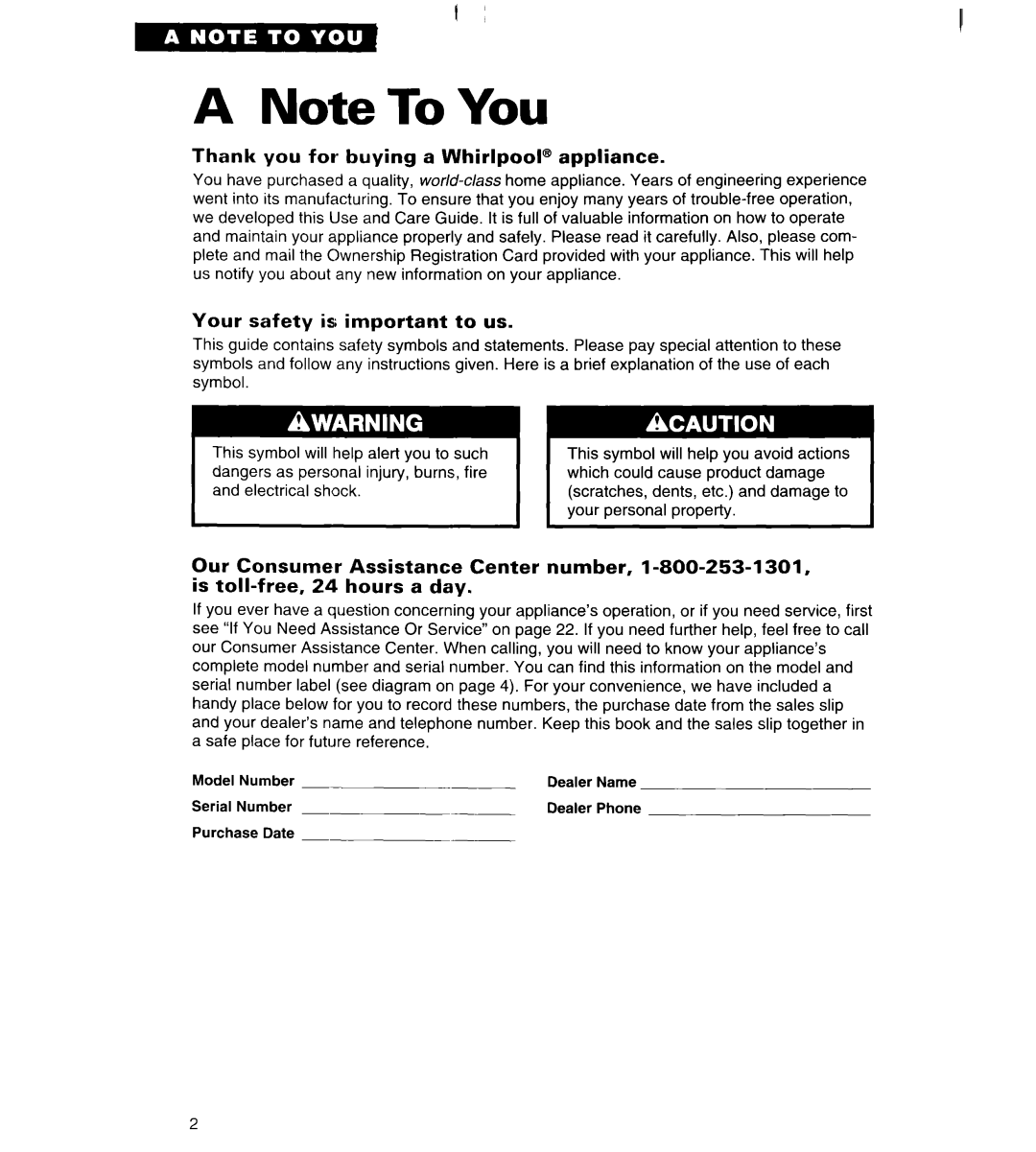 Whirlpool ET25DK important safety instructions Thank you for buying a Whirlpool@ appliance, Your safety is important to us 