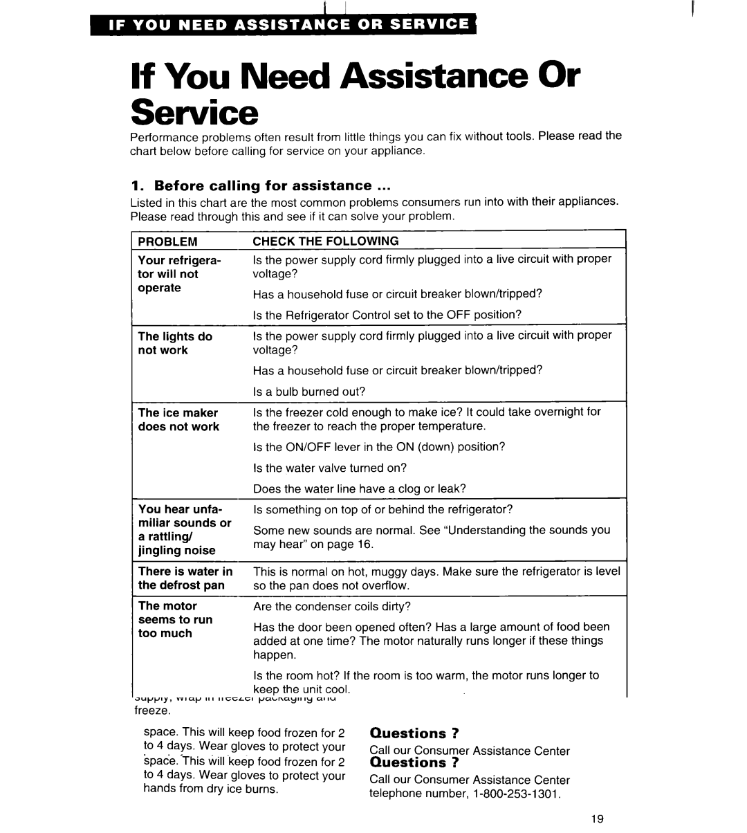 Whirlpool ET25DK If You Need Assistance Or Service, Before calling for assistance, Check the Following 