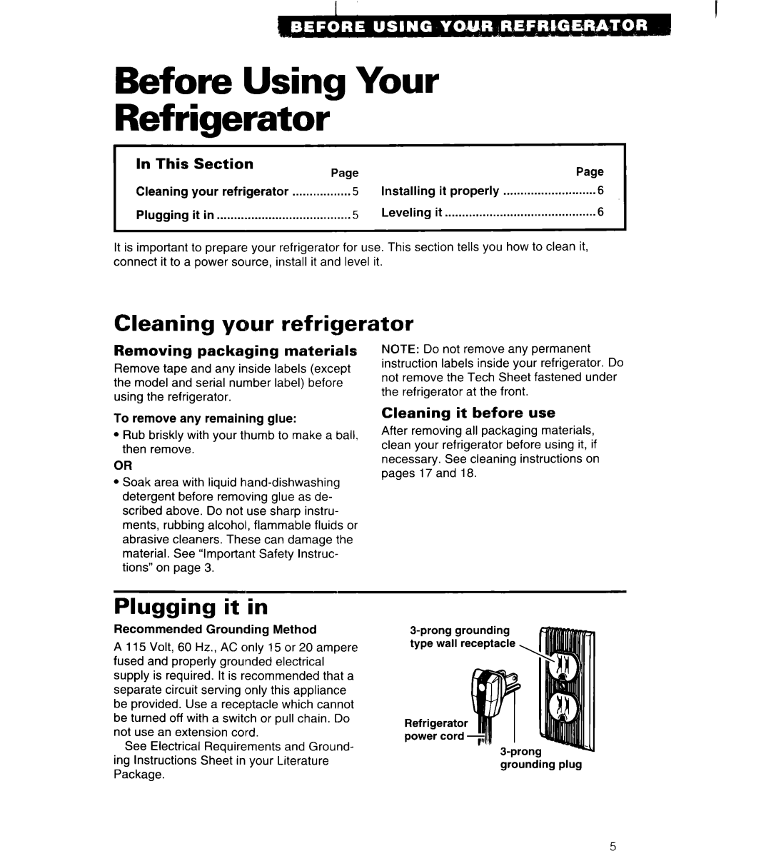 Whirlpool ET25DK important safety instructions Before Using Your Refrigerator, Cleaning your refrigerator, Plugging it 