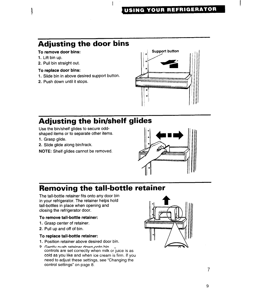 Whirlpool ET25DK Adjusting the door bins, Adjusting the bin/shelf glides, Removing the tall-bottle retainer 