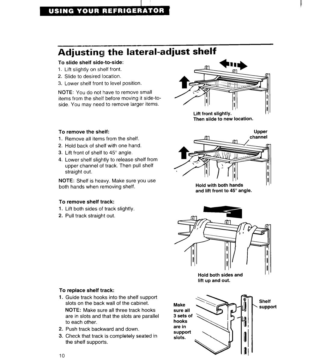 Whirlpool ET25DK important safety instructions Adjusti& the la%ral-adjustshelf, Upper 