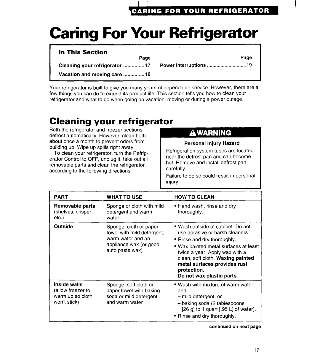 Whirlpool ET25DK important safety instructions Caring For Your Refrigerator, Cleaning your refrigerator, In This Section 