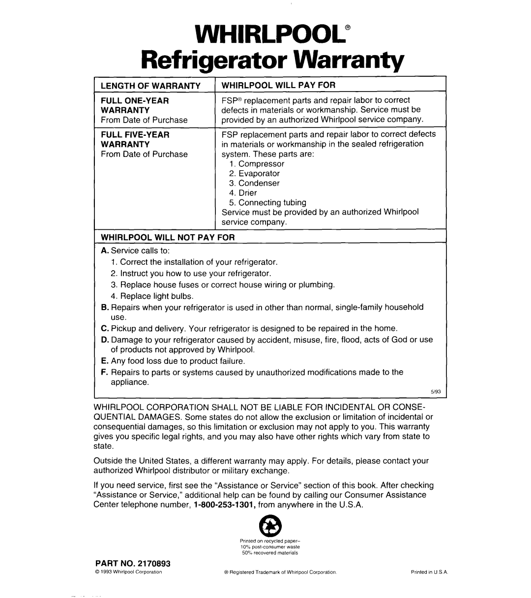 Whirlpool ET25DK important safety instructions WHIRLPOOL@ Refrigerator Warranty 