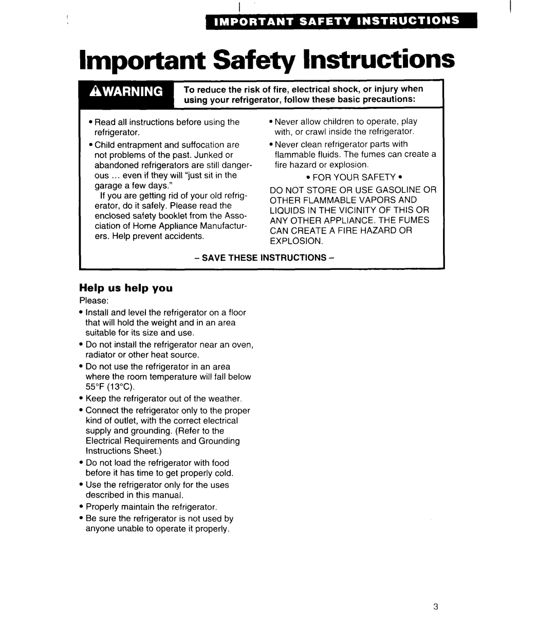 Whirlpool ET25DK important safety instructions Important Safety Instructions, Help us help you 