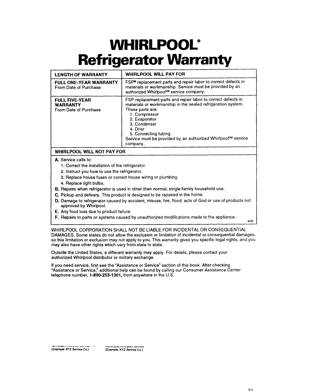 Whirlpool ET25DM Length of Warranty, Will PAY for Full ONE-YEAR Warranty, Full FIVE-YEAR, Whirlpool will not PAY for 