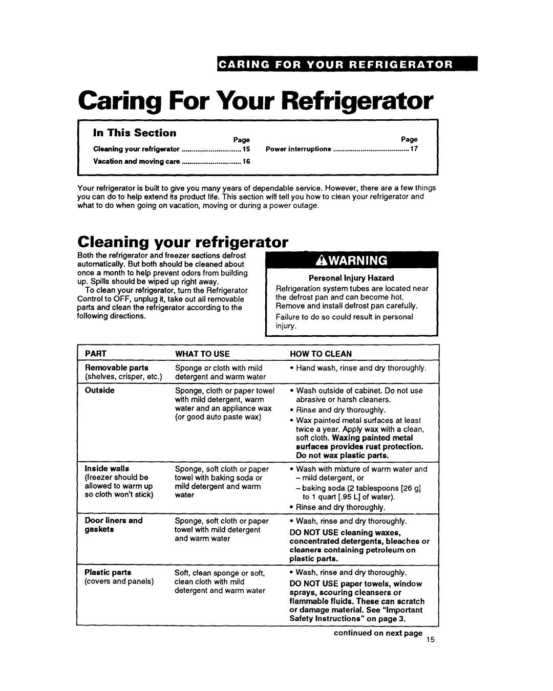 Whirlpool ET25DM warranty Caring For Your Refrigerator, Cleaning your refrigerator, In This Section PagePage 