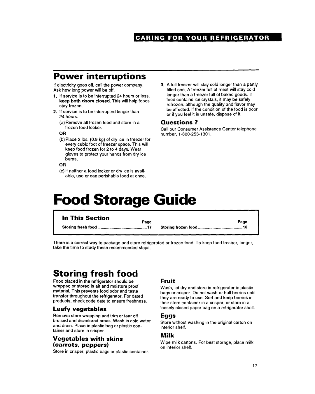 Whirlpool ET25DM Food Storage Guide, Power interruptions, Storing fresh food, Questions, Leafy vegetables, Fruit, Milk 