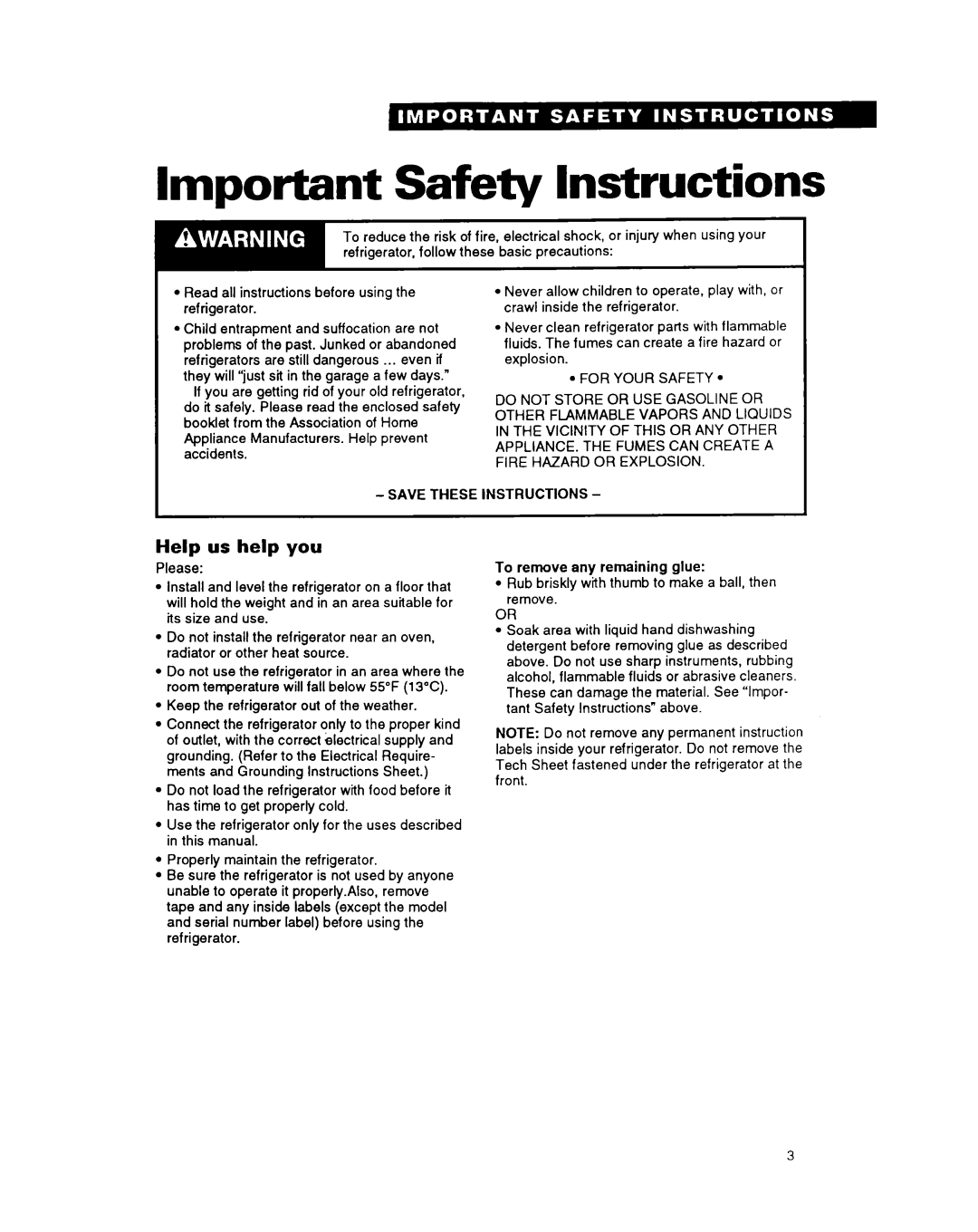 Whirlpool ET25DM warranty Important Safety Instructions, Help us help you 