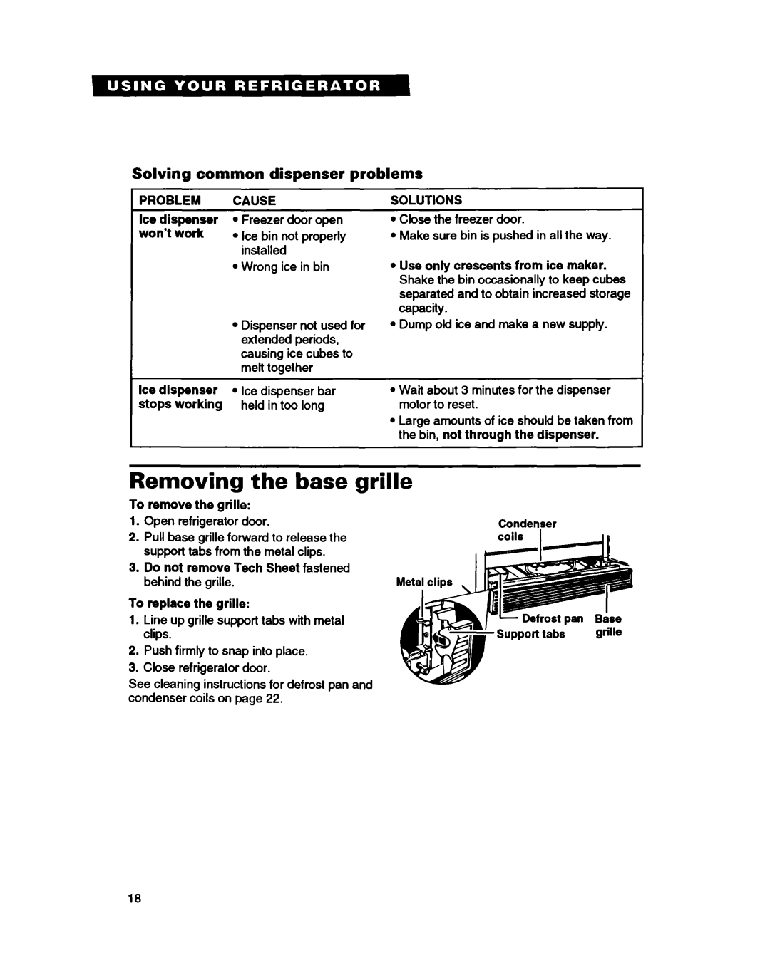 Whirlpool ET25DQ warranty Removing Base grille, Solving common dispenser problems, Problem Cause, Solutions 