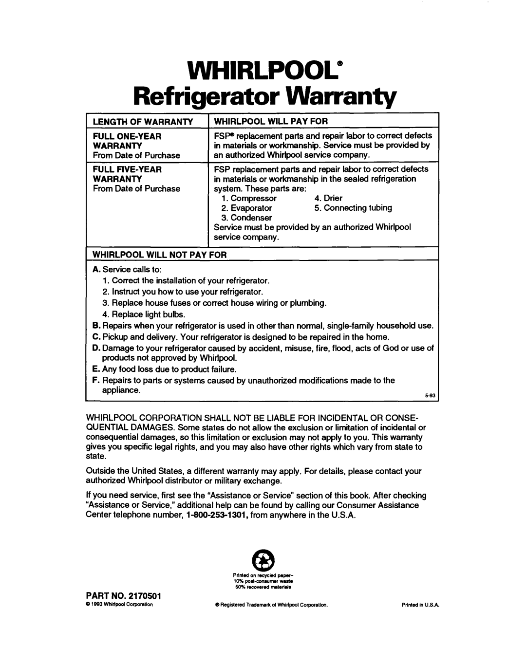 Whirlpool ET25DQ warranty Whirlpool, Refrigerator Warranty 