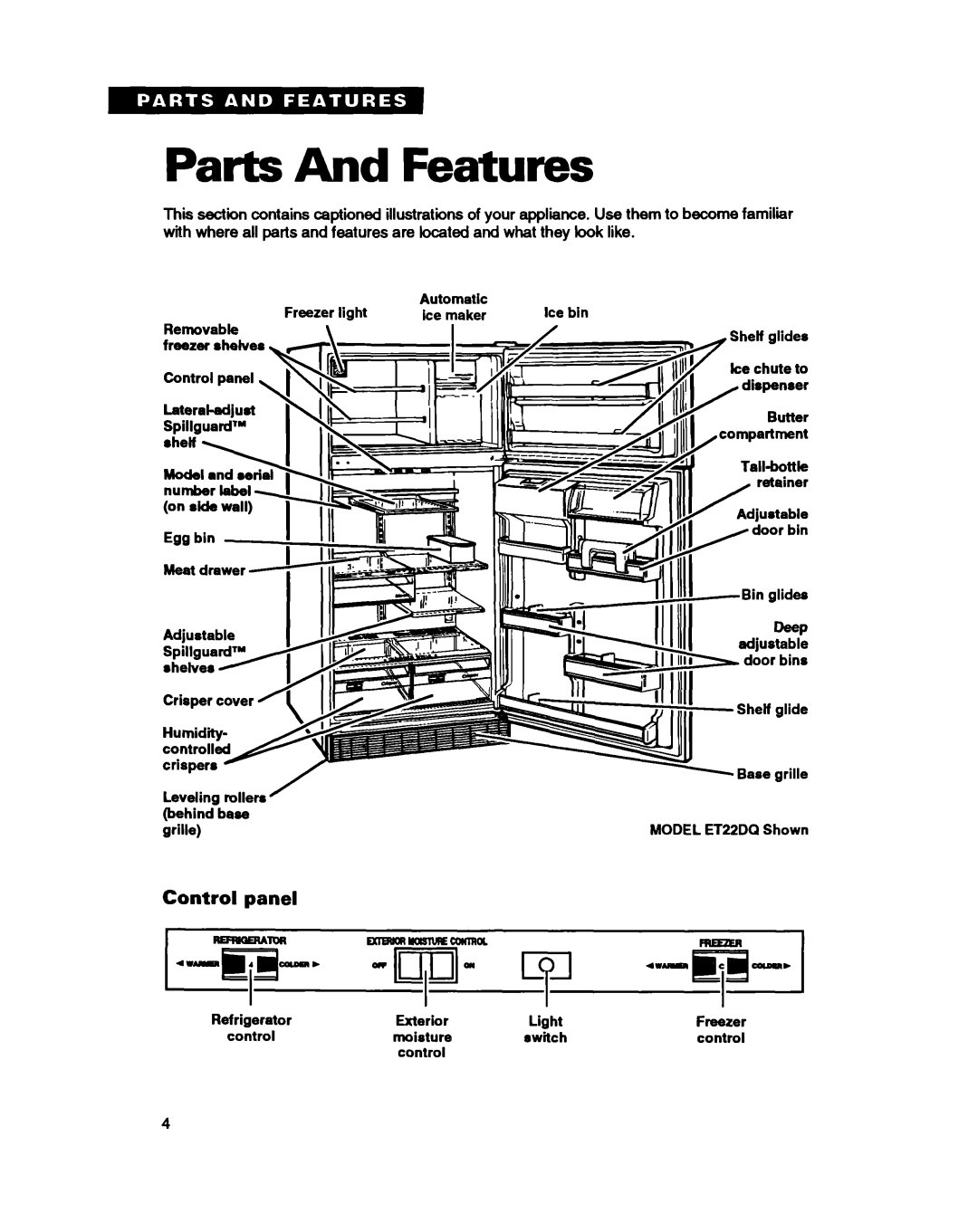 Whirlpool ET25DQ warranty Parts And Features, Control panel 