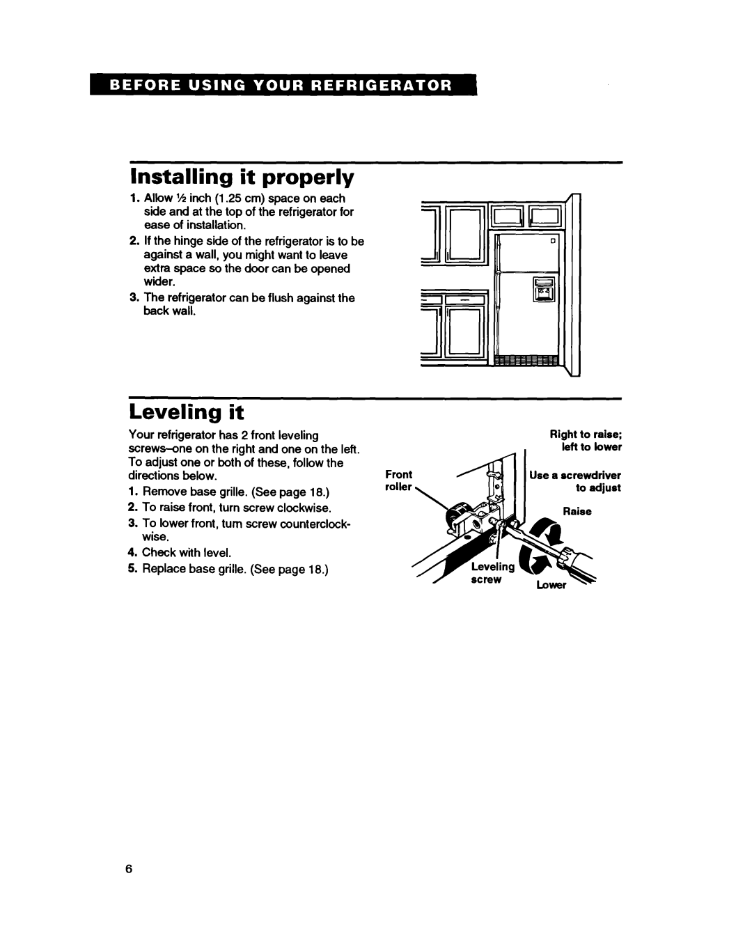 Whirlpool ET25DQ warranty Installing it properly, Leveling 