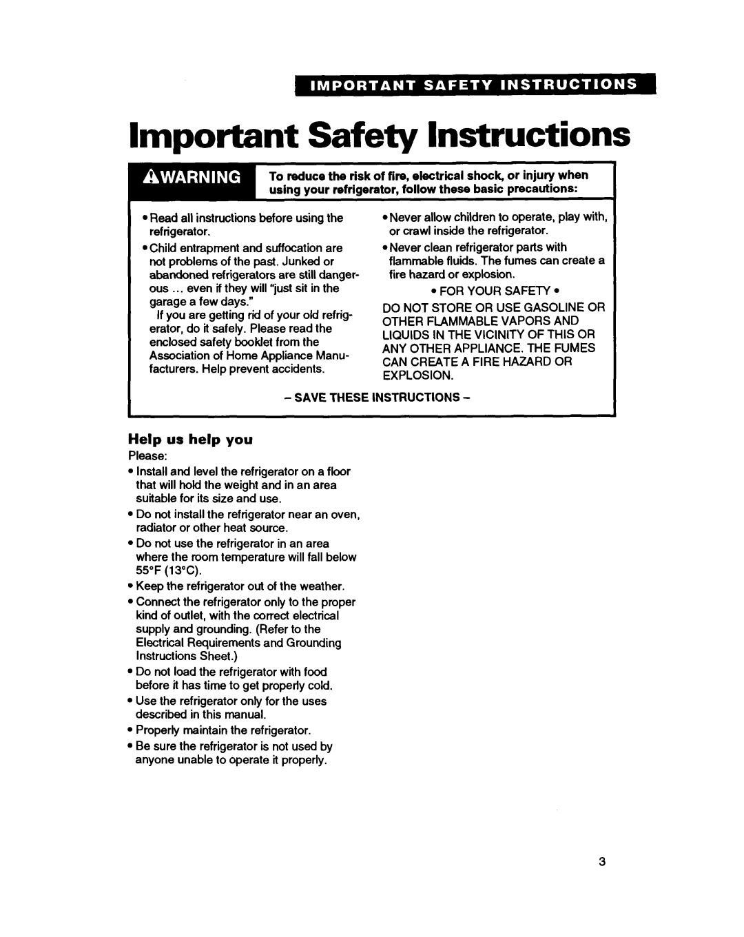 Whirlpool ET25DQ warranty Important Safety Instructions, Help us help you 