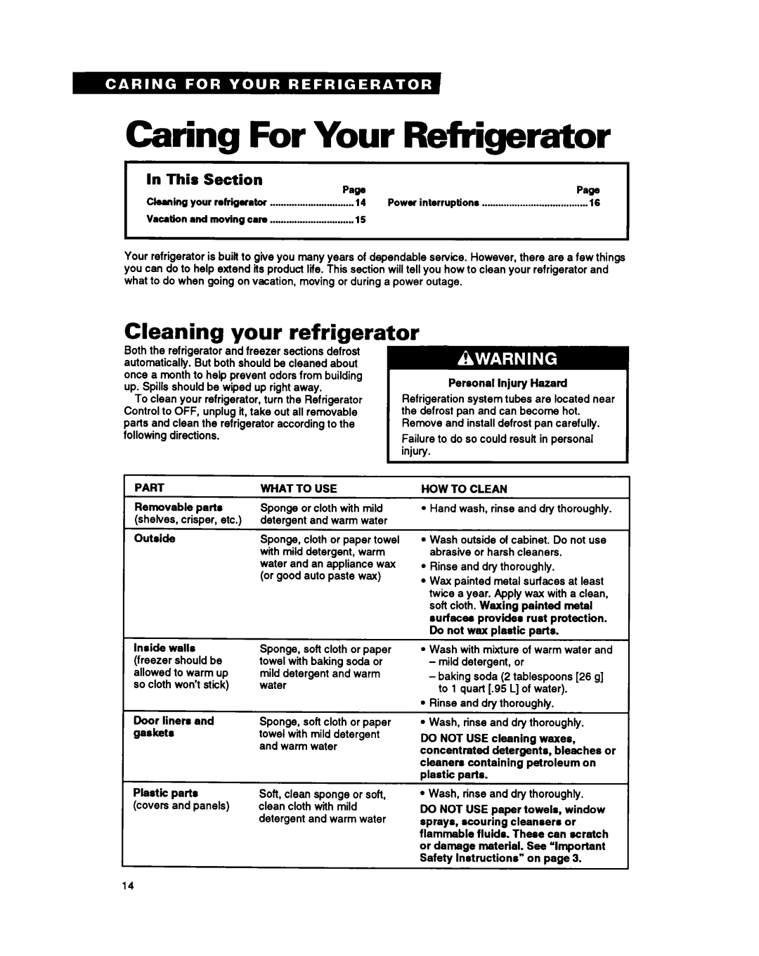 Whirlpool ET25PK warranty Caring For Your, Cleaning your refrigerator, Refrigerator, In This, Section 