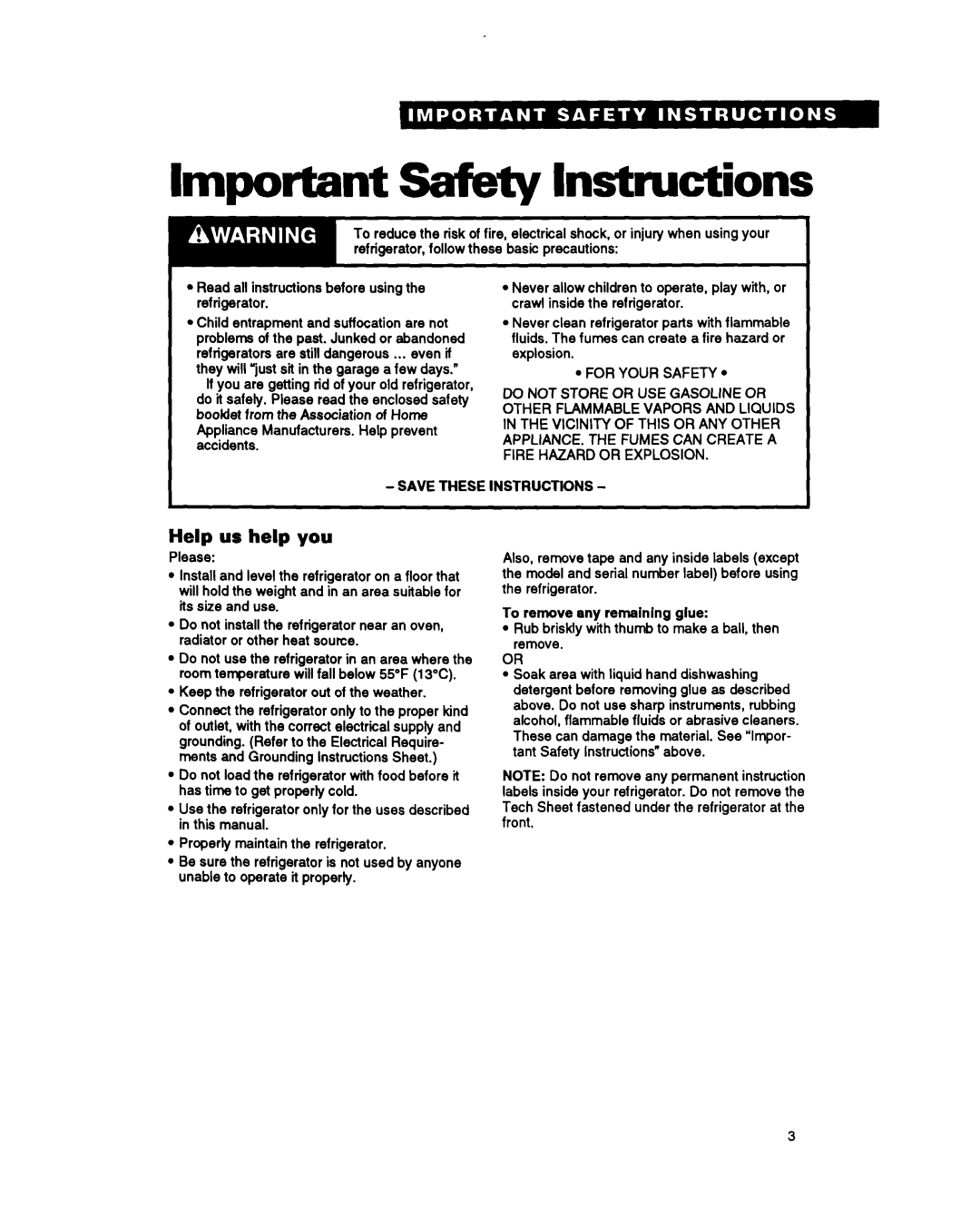 Whirlpool ET25PK warranty Important Safety Instructions, Help us help you 