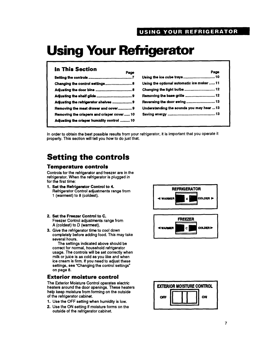 Whirlpool ET25PK warranty Using Your Refrigerator, Setting the controls, In This, Section, Temperature controls 