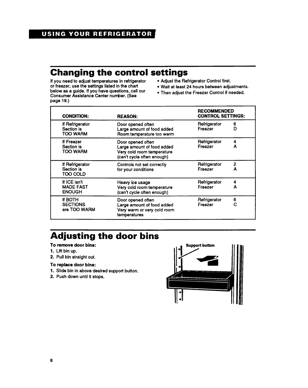Whirlpool ET25PK warranty Changing the control, settings, Adjusting the door bins 