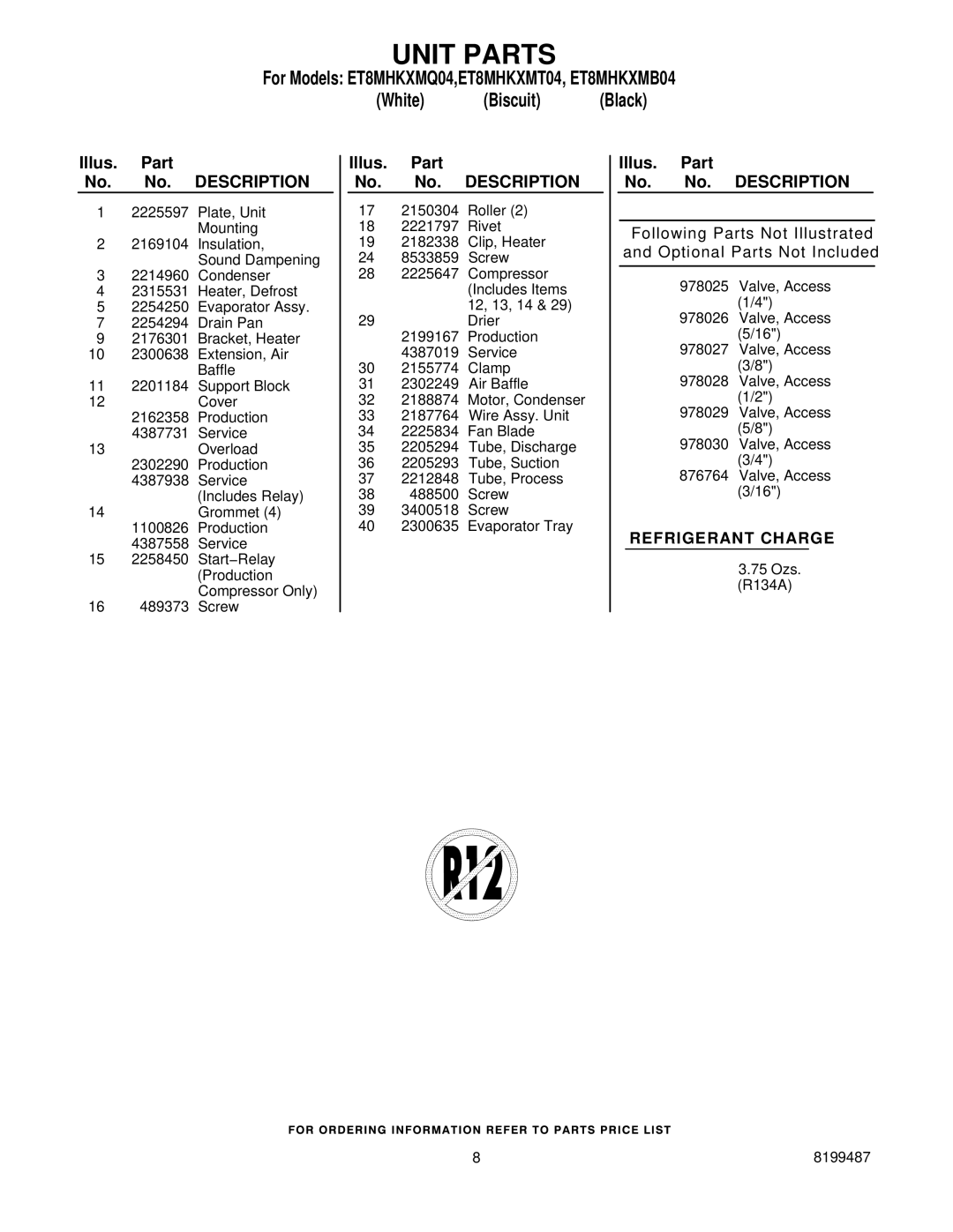 Whirlpool ET8MHKXMB04, ET8MHKXMQ04, ET8MHKXMT04 manual Refrigerant Charge 