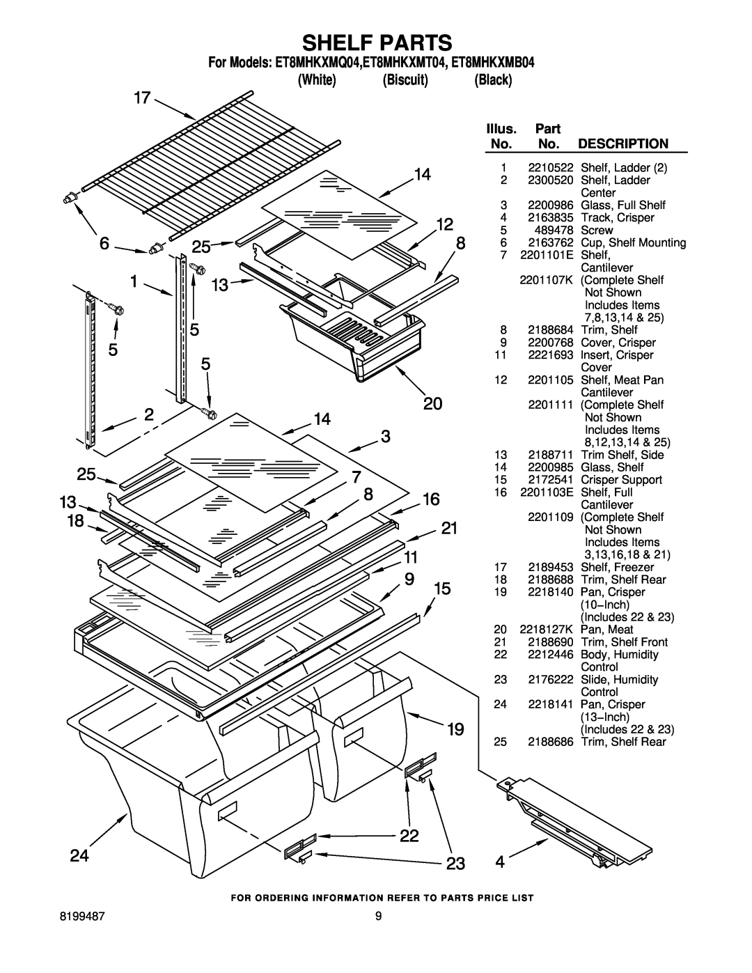 Whirlpool manual Shelf Parts, Illus, Description, For Models ET8MHKXMQ04,ET8MHKXMT04, ET8MHKXMB04, White Biscuit Black 