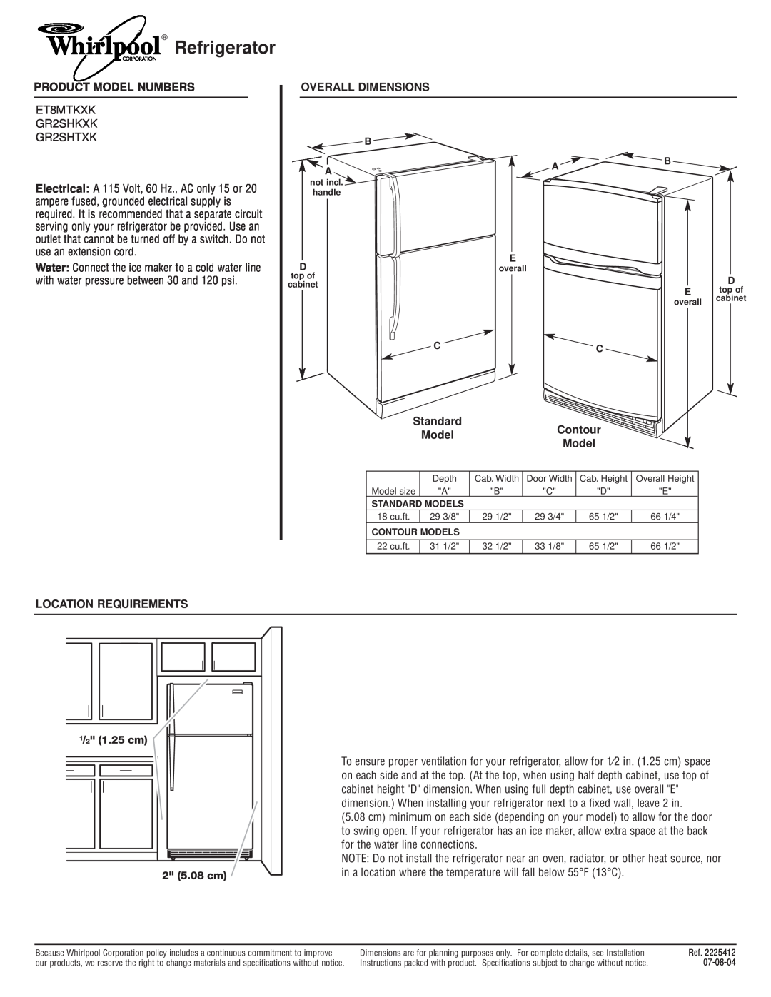 Whirlpool GR2SHKXK, ET8MTKXK dimensions Refrigerator, Product Model Numbers, Overall Dimensions, Standard, Contour 