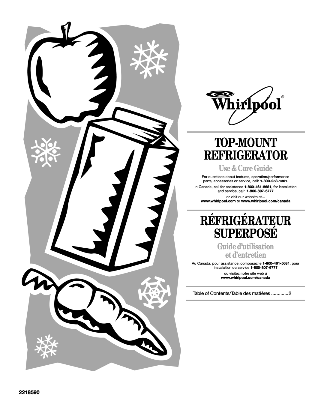 Whirlpool GR2SHTXKQ00, ET8MTKXKQ00 manual Top-Mount Refrigerator, Réfrigérateur Superposé, Use & Care Guide, 2218590 