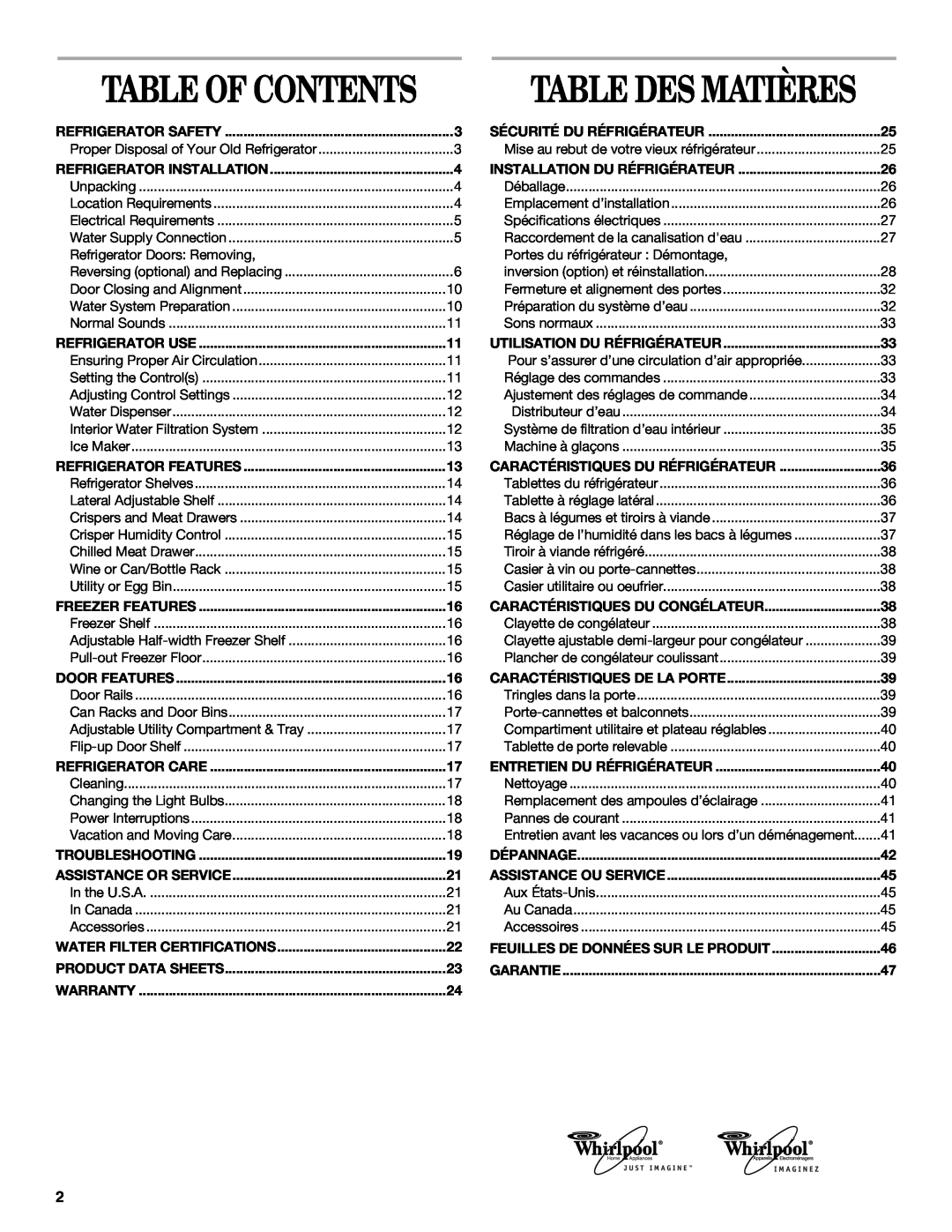 Whirlpool ET8MTKXKQ00, GR2SHTXKQ00 manual Table Of Contents, Table Des Matières 