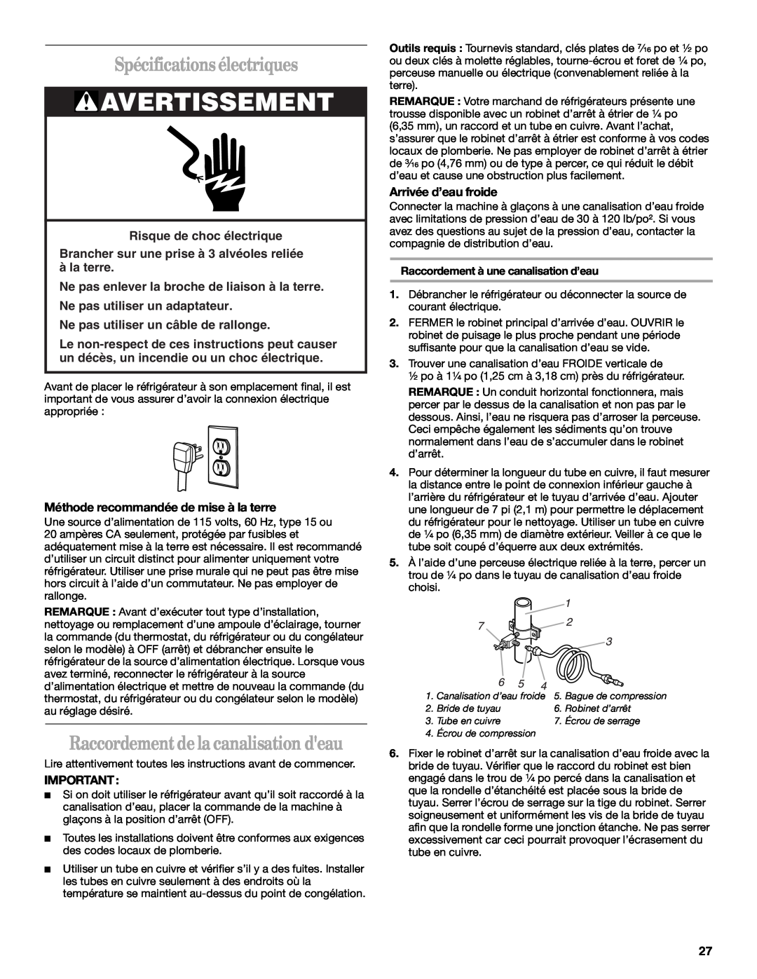 Whirlpool GR2SHTXKQ00, ET8MTKXKQ00 manual Spécifications électriques, Raccordement de la canalisation deau, Avertissement 