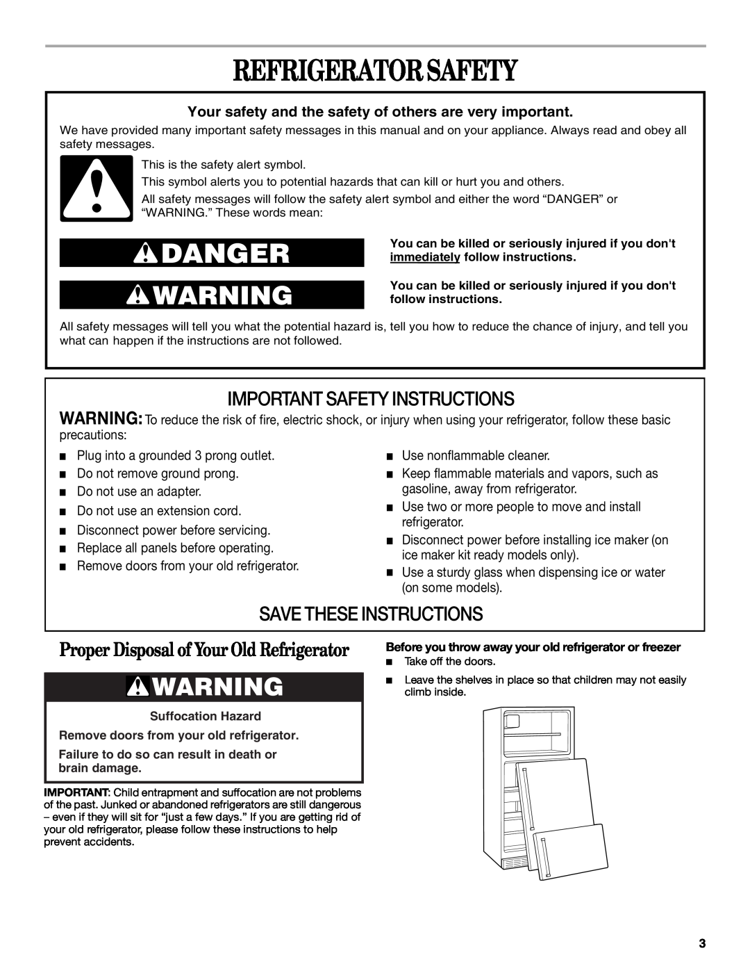 Whirlpool GR2SHTXKQ00 manual Refrigerator Safety, Proper Disposal of Your Old Refrigerator, Important Safety Instructions 