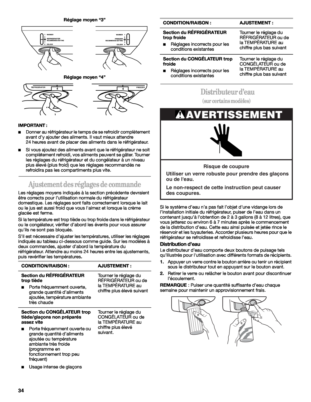 Whirlpool ET8MTKXKQ00 manual Ajustement des réglages de commande, Distributeur d’eau, Avertissement, sur certains modèles 