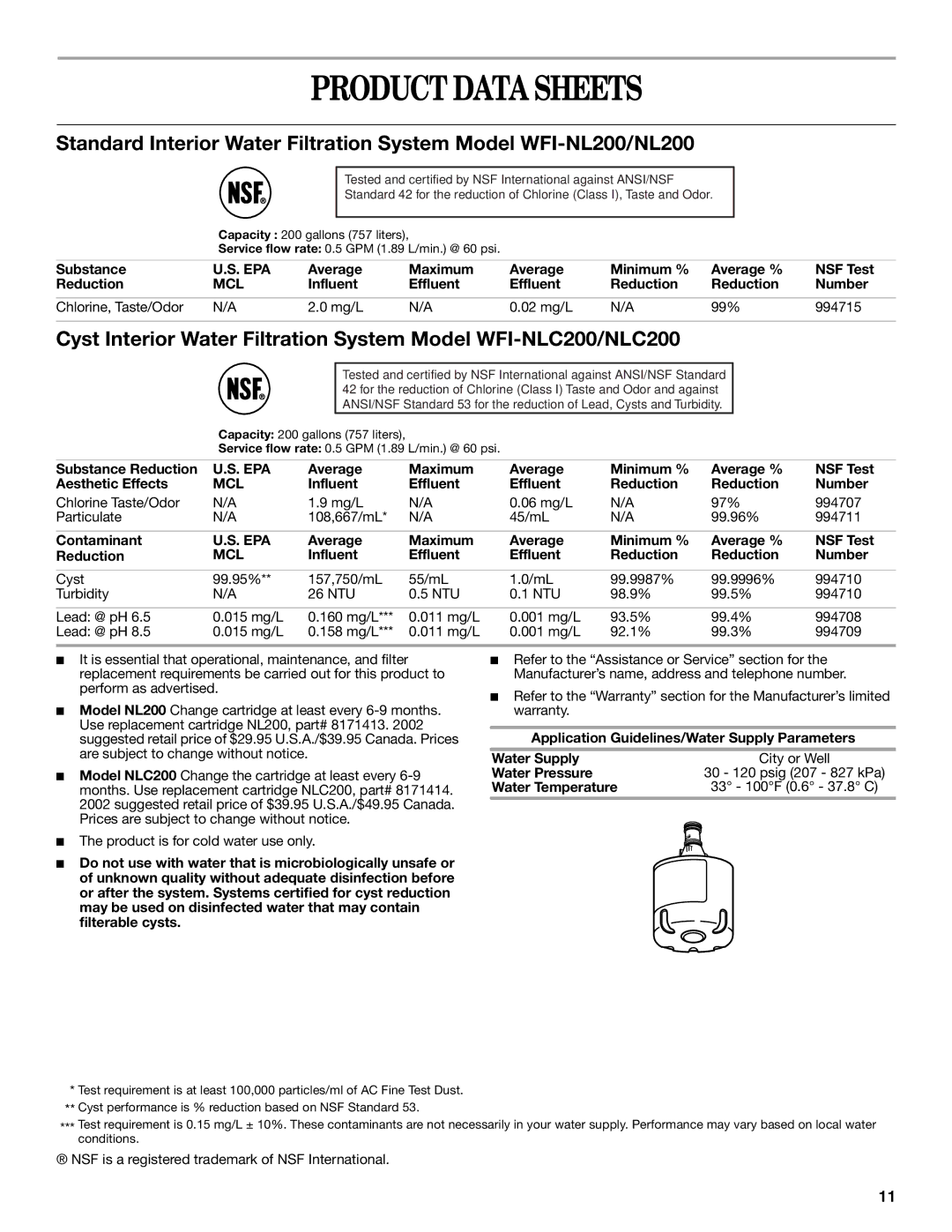 Whirlpool GR2SHTXKS02, ET8MTKXKQ01, GR2SHTXKT00, GR2SHTXKS03, GR2SHTXKL03, GR2SHTXKQ01 warranty Product Data Sheets, Epa, Mcl 