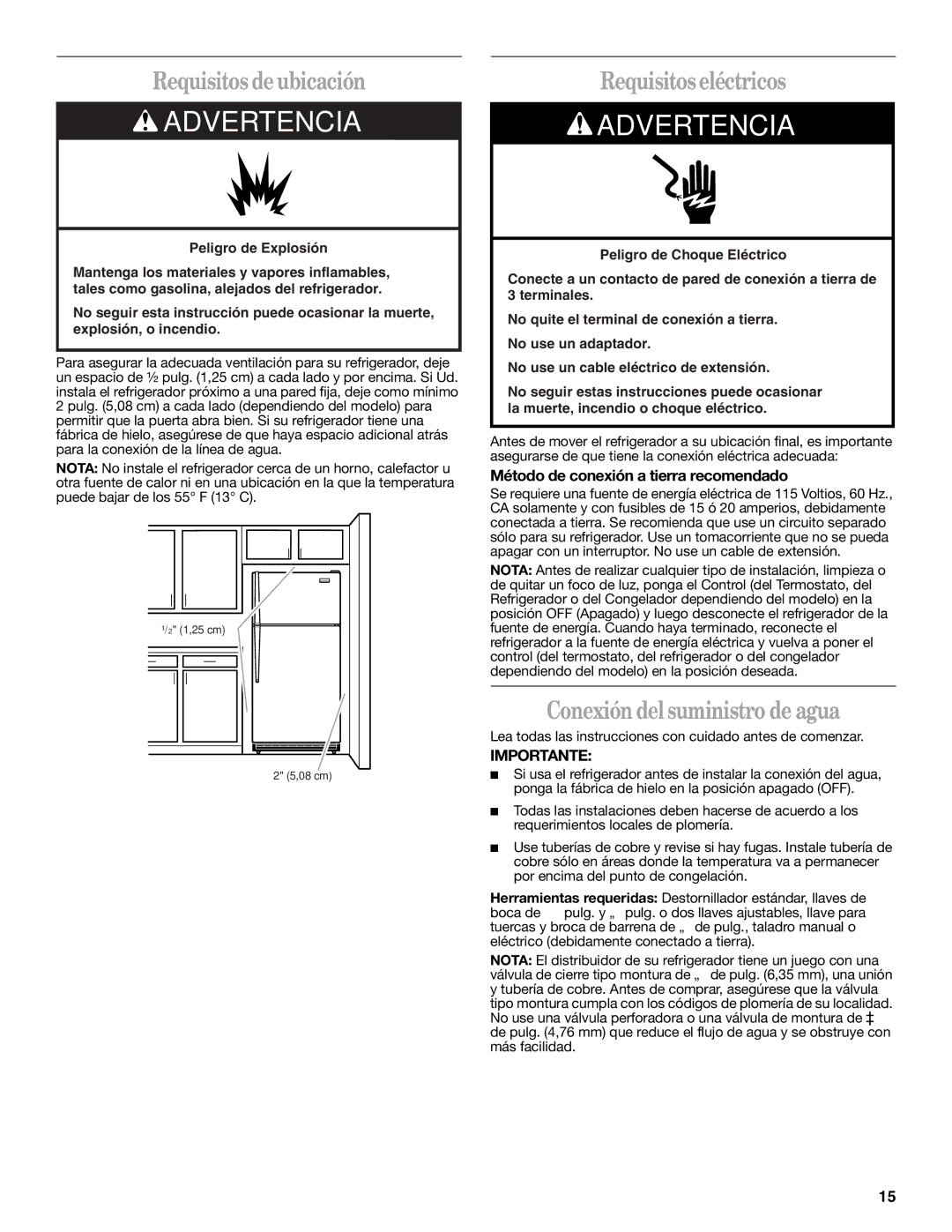 Whirlpool GR2SHTXKT02, ET8MTKXKQ01 warranty Requisitos de ubicación, Requisitos eléctricos, Conexión del suministro de agua 