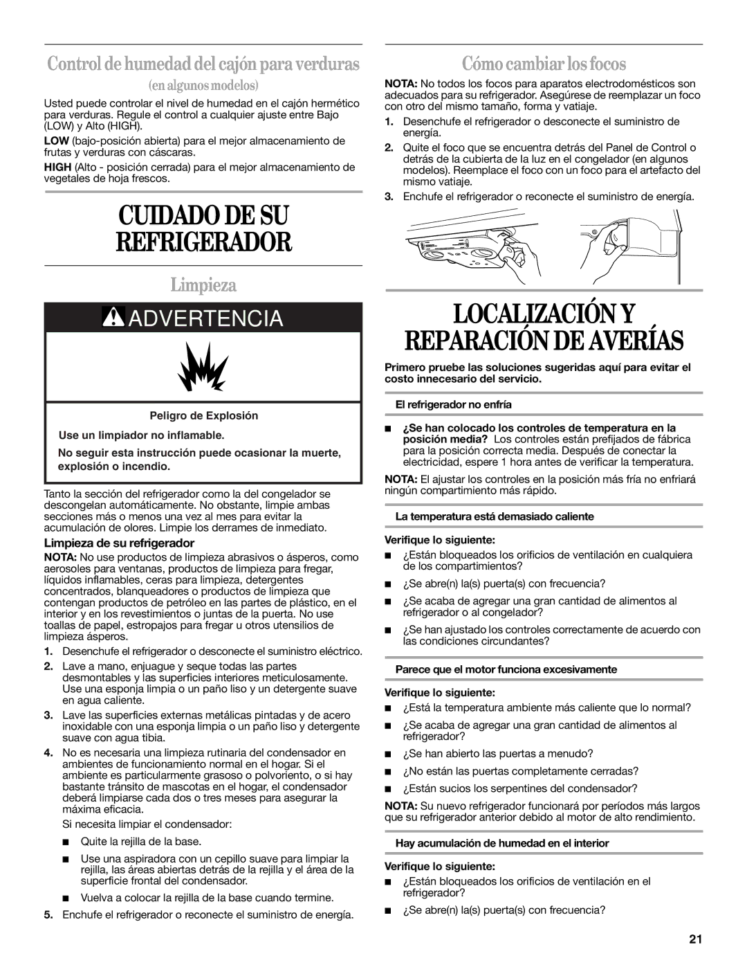 Whirlpool GR2SHTXKL03 Cuidado DE SU Refrigerador, Localización Y Reparación DE Averías, Limpieza, Cómo cambiar los focos 