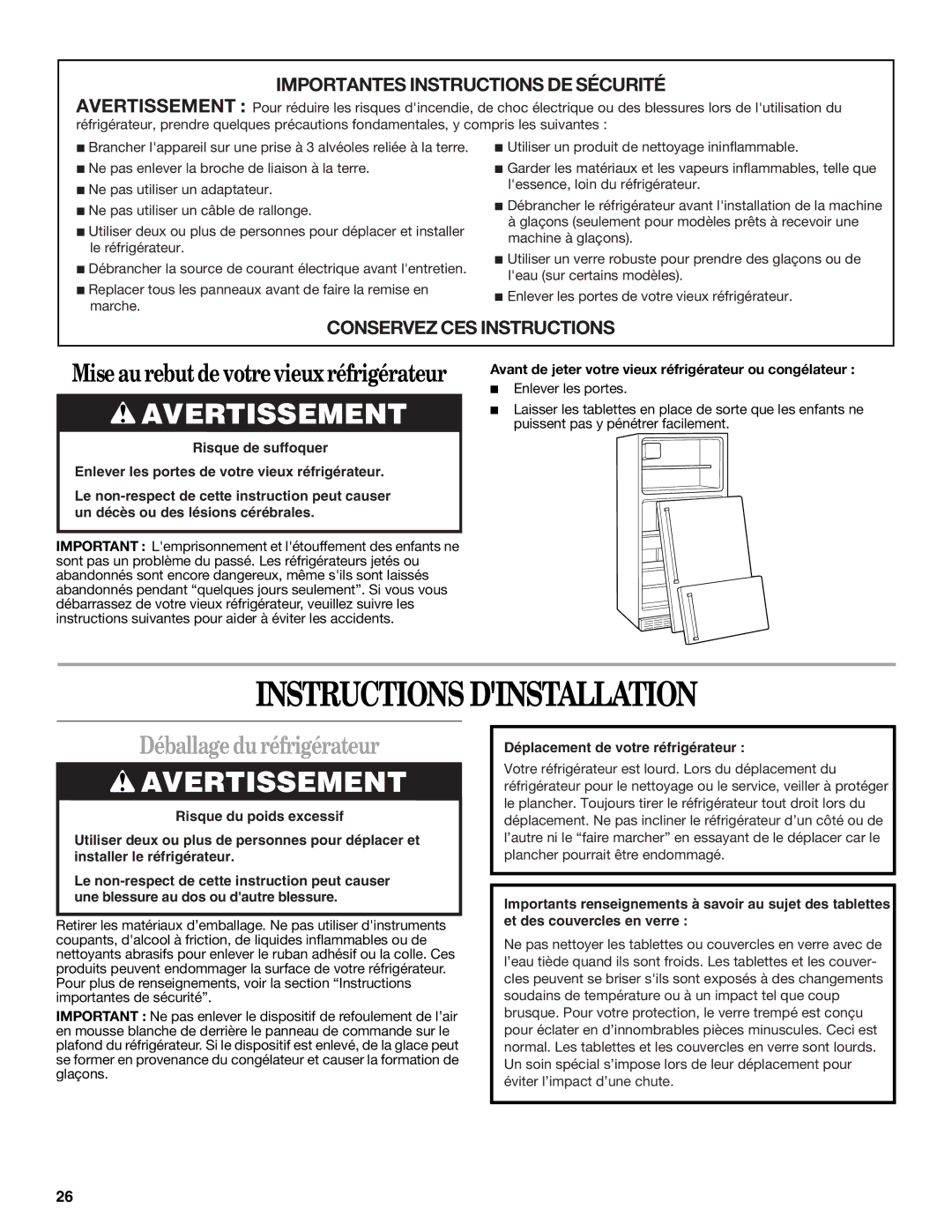 Whirlpool GR2SHTXKQ02, ET8MTKXKQ01, GR2SHTXKT00, GR2SHTXKS03 warranty Instructions Dinstallation, Déballage du réfrigérateur 