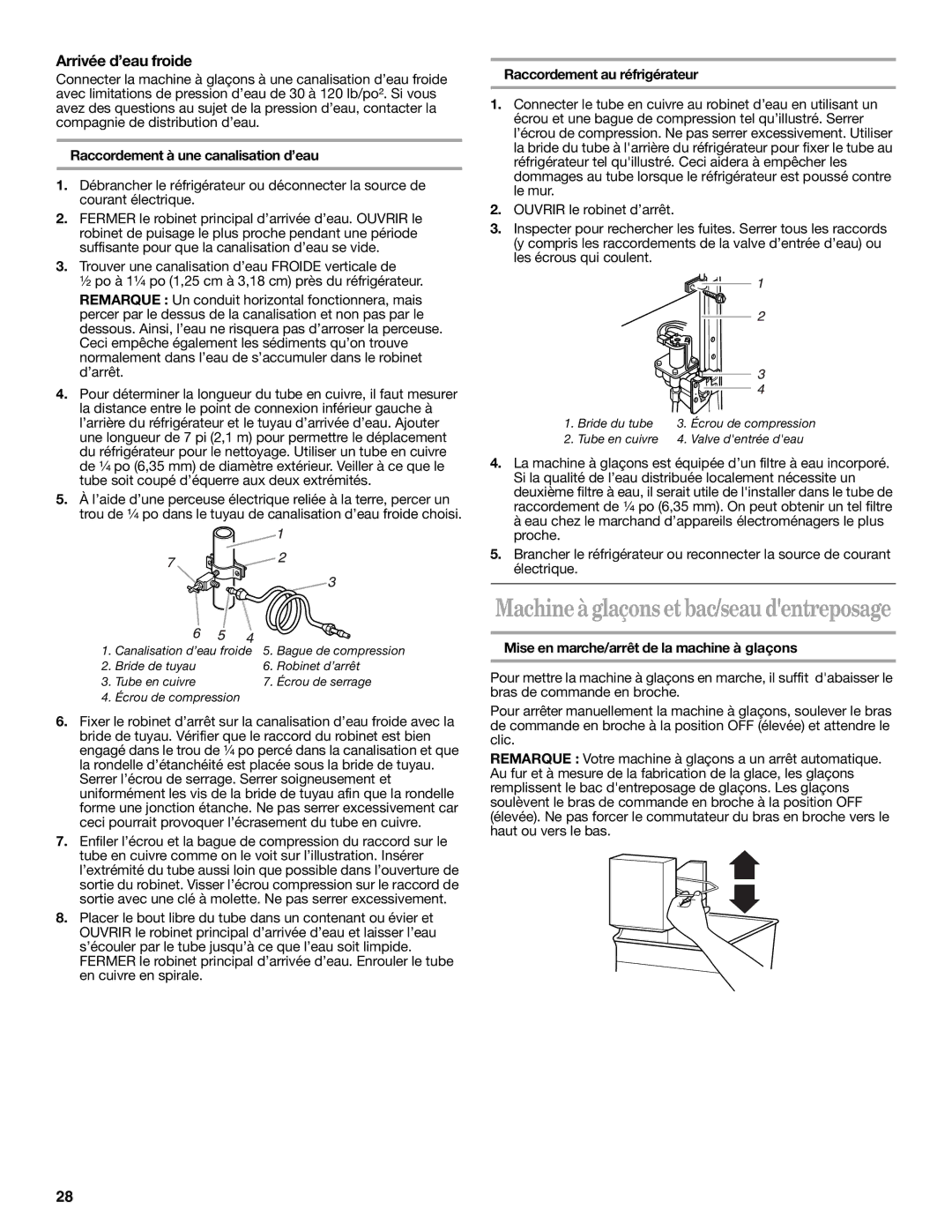 Whirlpool GR2SHTXKL01 warranty Arrivée d’eau froide, Raccordement à une canalisation d’eau, Raccordement au réfrigérateur 