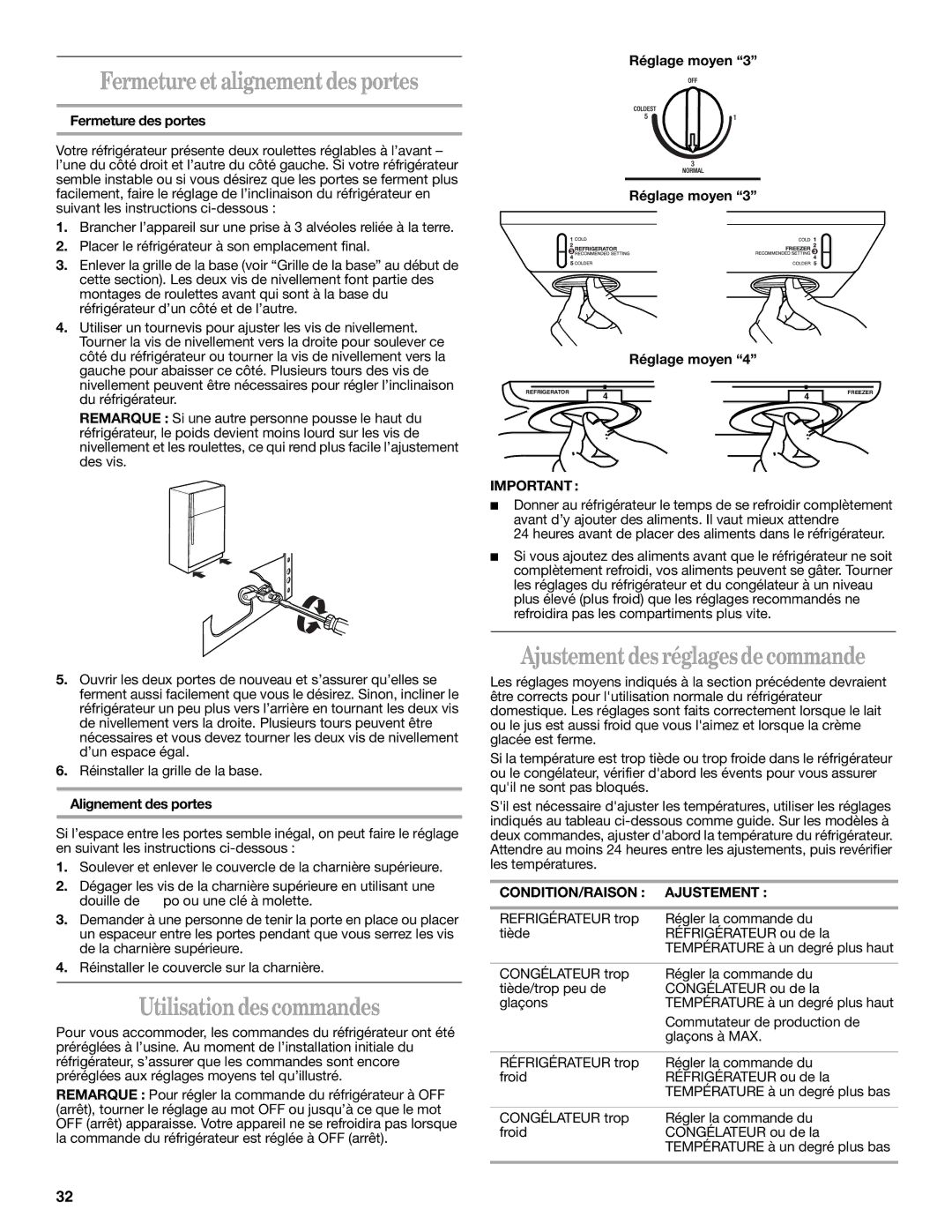 Whirlpool GR2SHTXKL02 Fermeture et alignement des portes, Utilisation des commandes, Ajustement des réglages de commande 