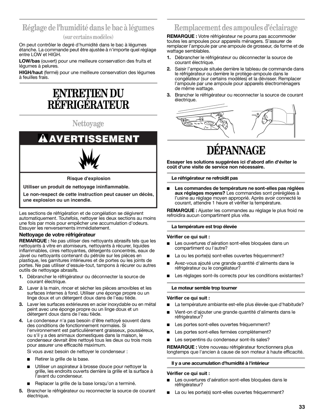 Whirlpool GR2SHTXKT02, ET8MTKXKQ01 Entretien DU Réfrigérateur, Dépannage, Nettoyage, Remplacement des ampoules d’éclairage 